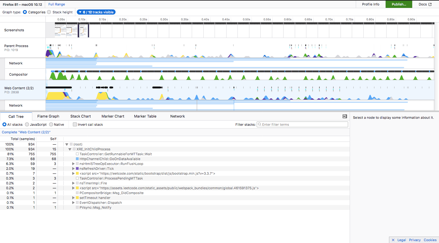 Screenshot of the Firefox Profiler UI showing tracks for parent process, compositor, web content, and network alongside a call tree