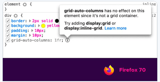 Firefox 70 Inspector showing the inactive CSS tooltip on grid-auto-columns: the rule is dimmed because the element isn't a grid container
