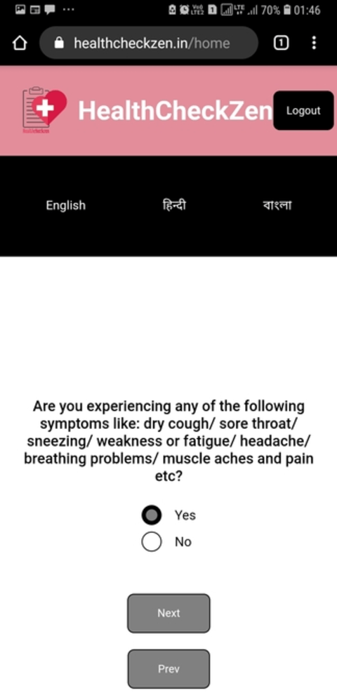 Questionaire having language options of hindi, english and bengali