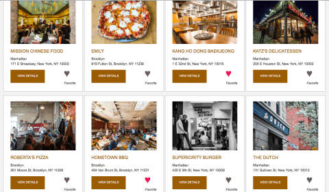 Webpage showing list of restaurant cards having buttons to favourite them as well