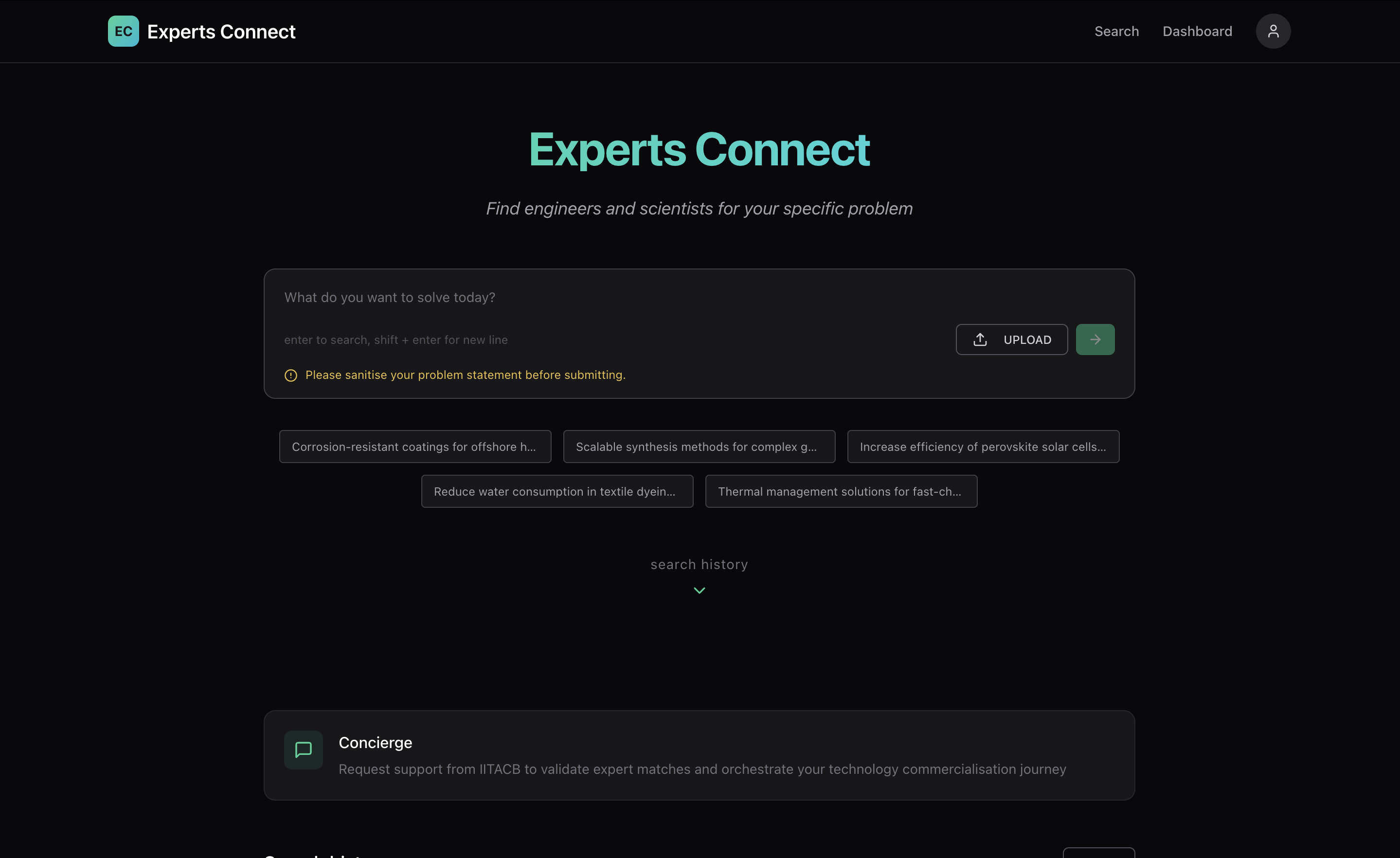 Experts Connect platform landing page