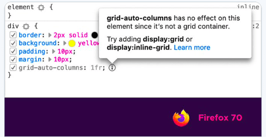 inspector tools - inactive css grid-auto-columns on non grid container