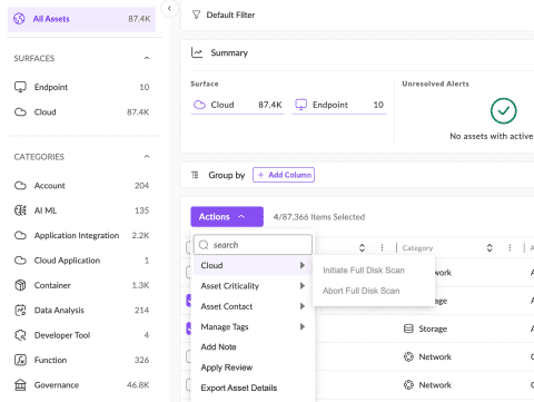 Screenshot of the Unified Inventory with the Unified Actions dropdown